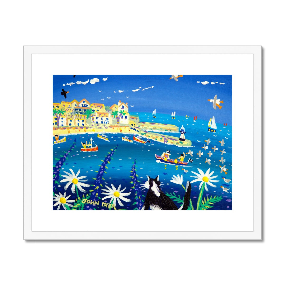 John Dyer Framed Open Edition Cornish Art Print. 'Cat Waiting for the Catch, St Ives'. Cornwall Art Gallery