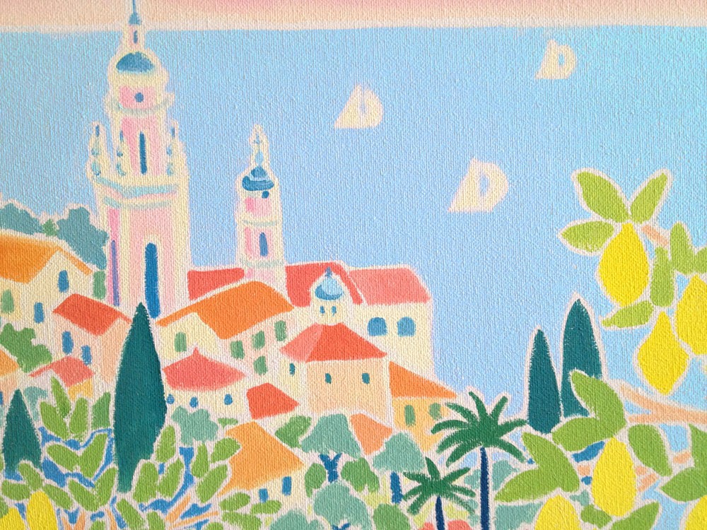 Original Painting by Joanne Short. Blushing Pink Sky over Menton. France.