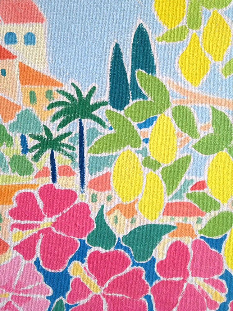 Original Painting by Joanne Short. Blushing Pink Sky over Menton. France.