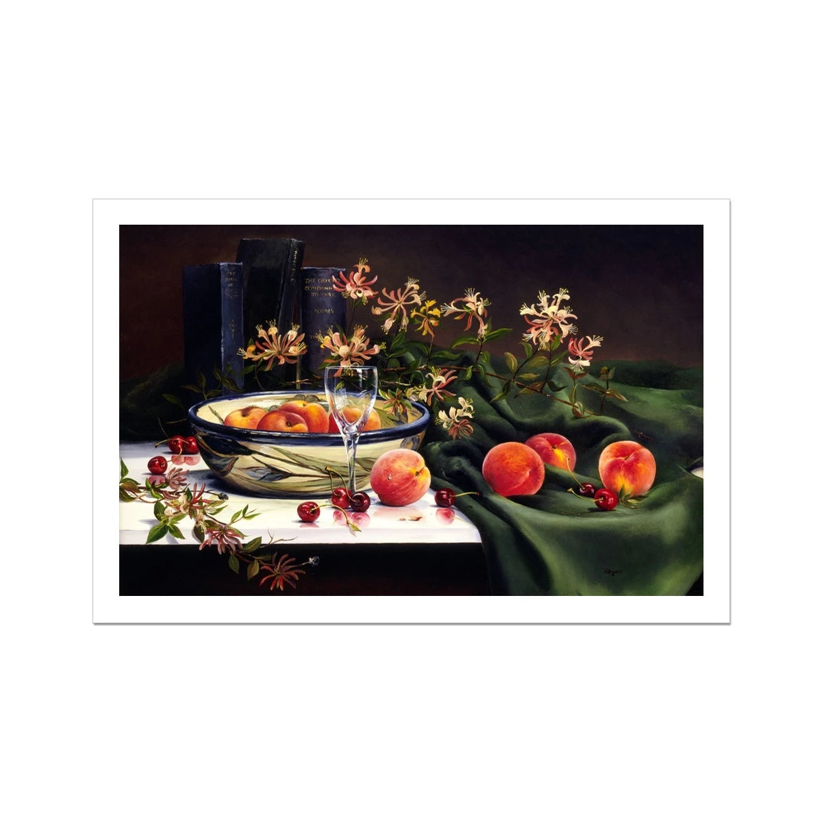 Ted Dyer Fine Art Print. Open Edition Cornish Art Print. 'Honeysuckle and Peaches Still Life'. Cornwall Art Gallery Ted Dyer