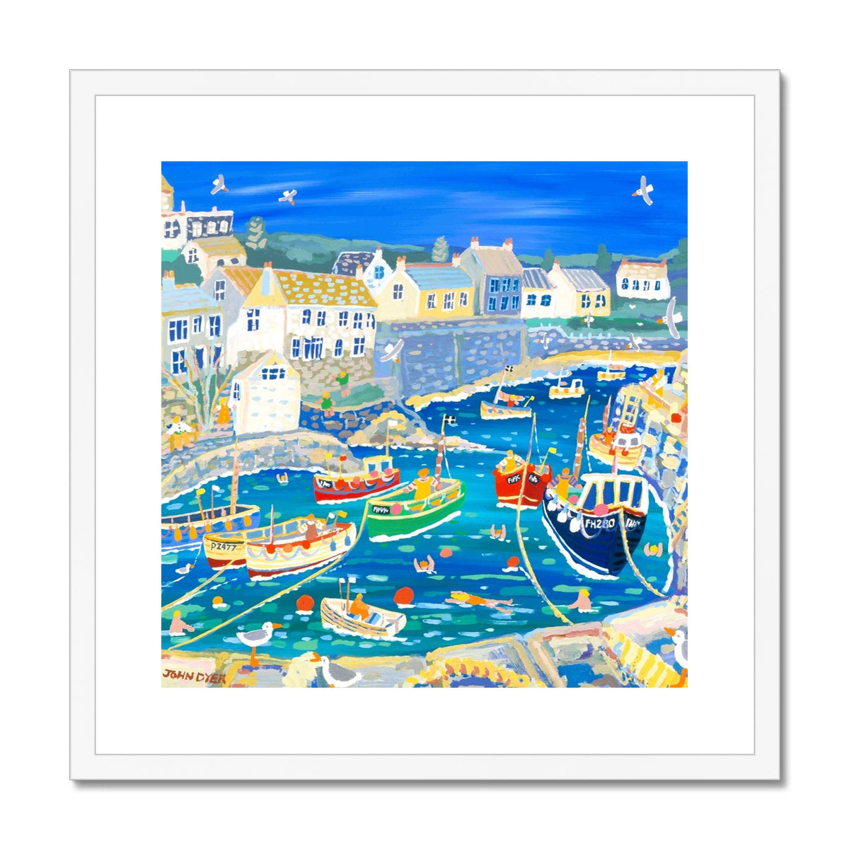 John Dyer Framed Coastal Open Edition Cornish Fine Art Print. 'Unloading the Catch, Coverack Harbour, Cornwall'