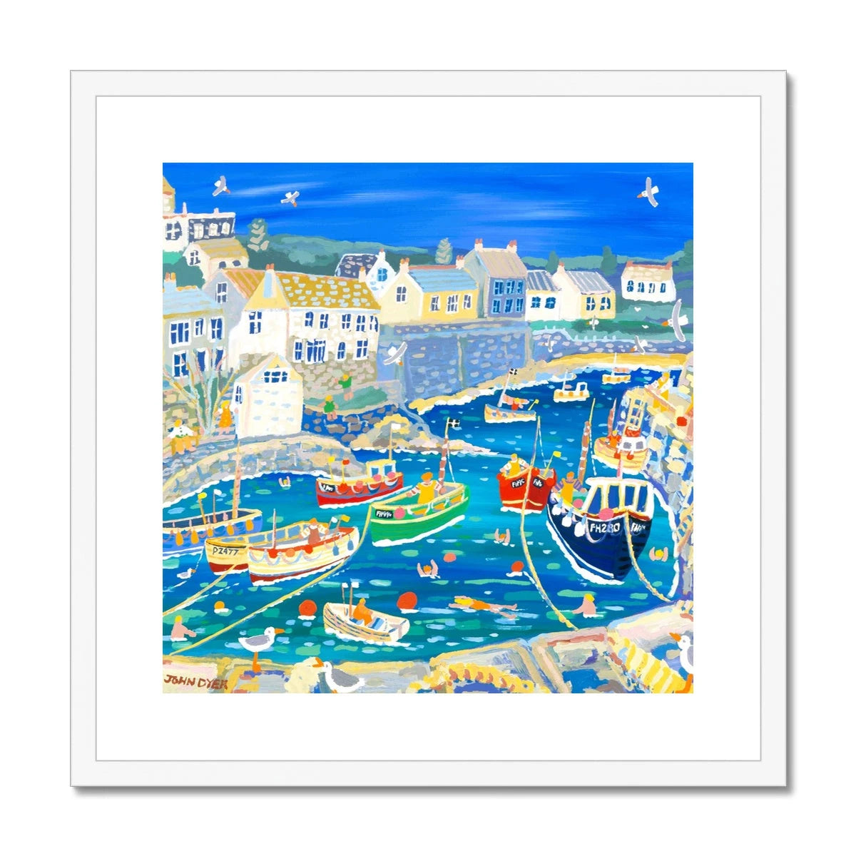 John Dyer Framed Open Edition Coastal Cornish Fine Art Print. 'Unloading the Catch, Coverack Harbour, Cornwall' John Dyer