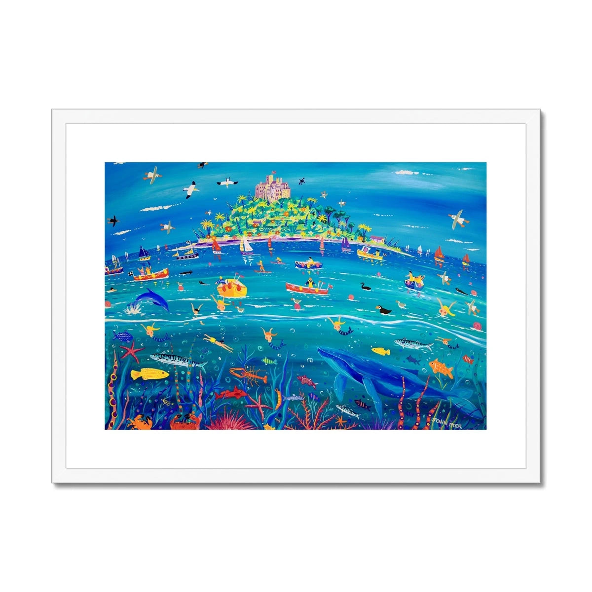 John Dyer Framed Open Edition Cornish Art Print. 'Underwater Wonders, Mount’s Bay Whale'. Cornwall Art Gallery Animal Art Prints John Dyer