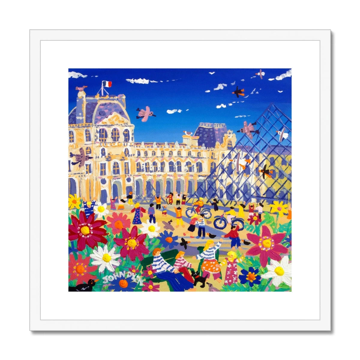 John Dyer Framed Open Edition City Fine Art Print. 'Enjoying the Sun outside the Louvre, Paris, France'. French Art Gallery John Dyer