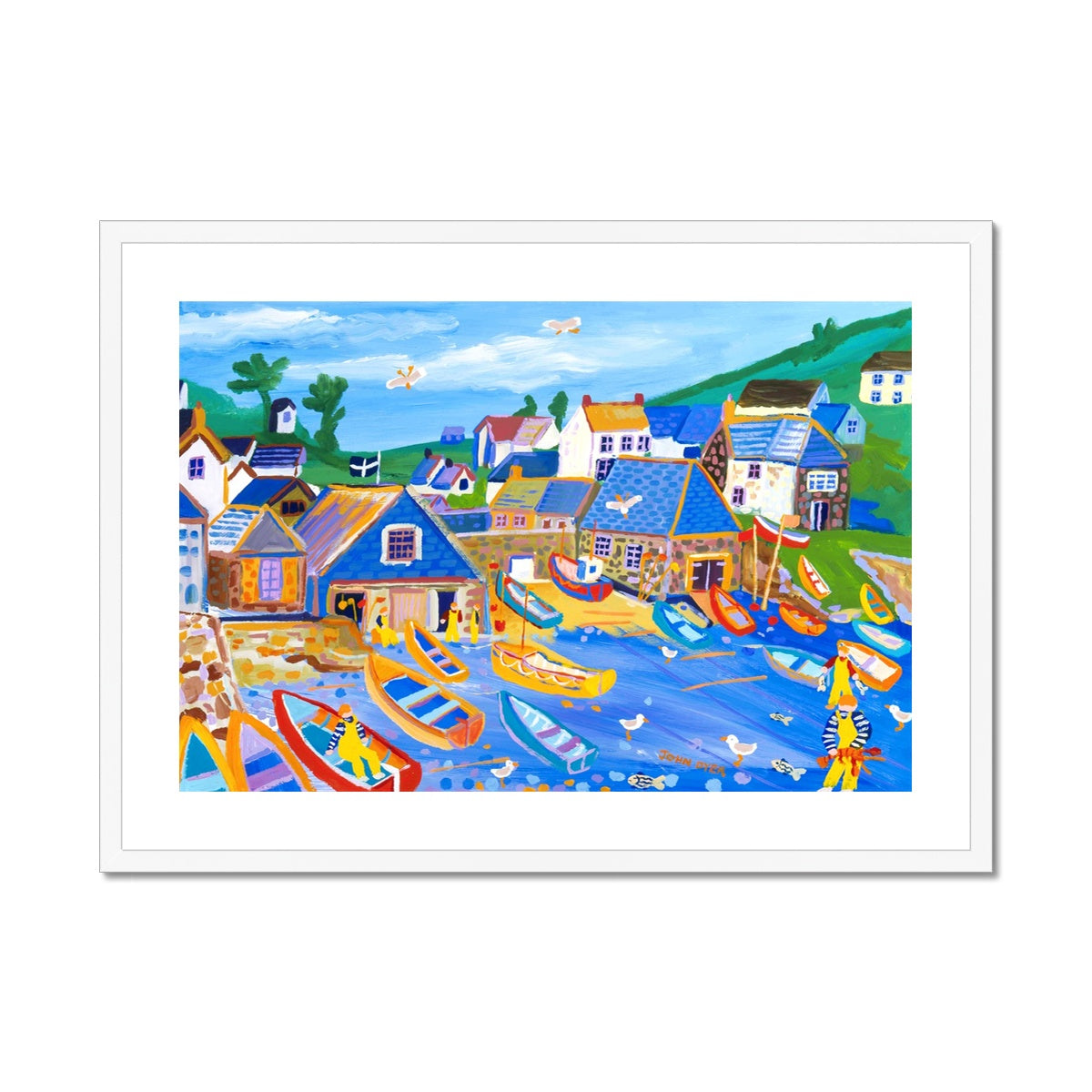 John Dyer Framed Open Edition Cornish Fine Art Print. 'White Washed Buildings on the Beach, CJohn Dyer Framed Open Edition Cornish Fine Art Print. 'Lobster Fishermen, Cadgwith'. Cornwall Art Galleryalella, Spain'. Cornwall Art Gallery