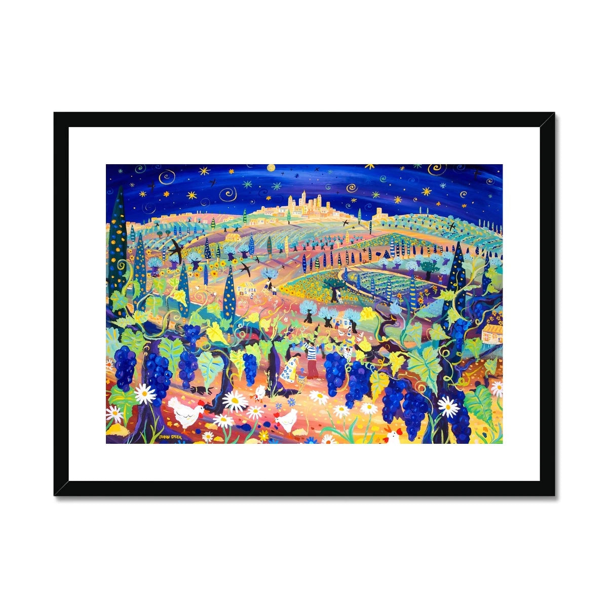 John Dyer Framed Open Edition Italian Fine Art Print. 'Starlight over San Gimignano, Italy'. Italy Art Gallery John Dyer