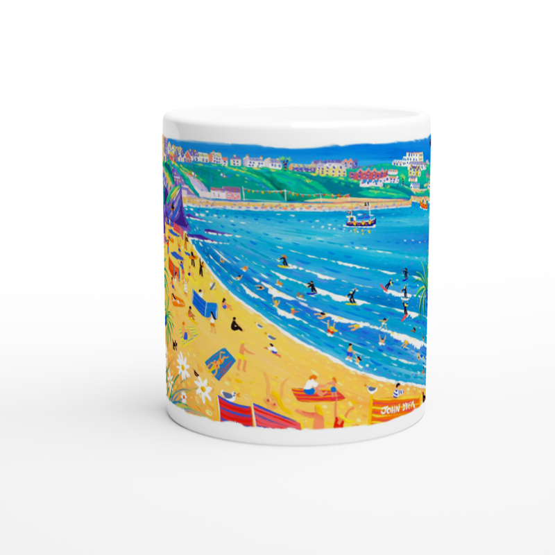 John Dyer Ceramic Cornish Art Mug. Surfing and Sunbathing Great Western Beach, Newquay