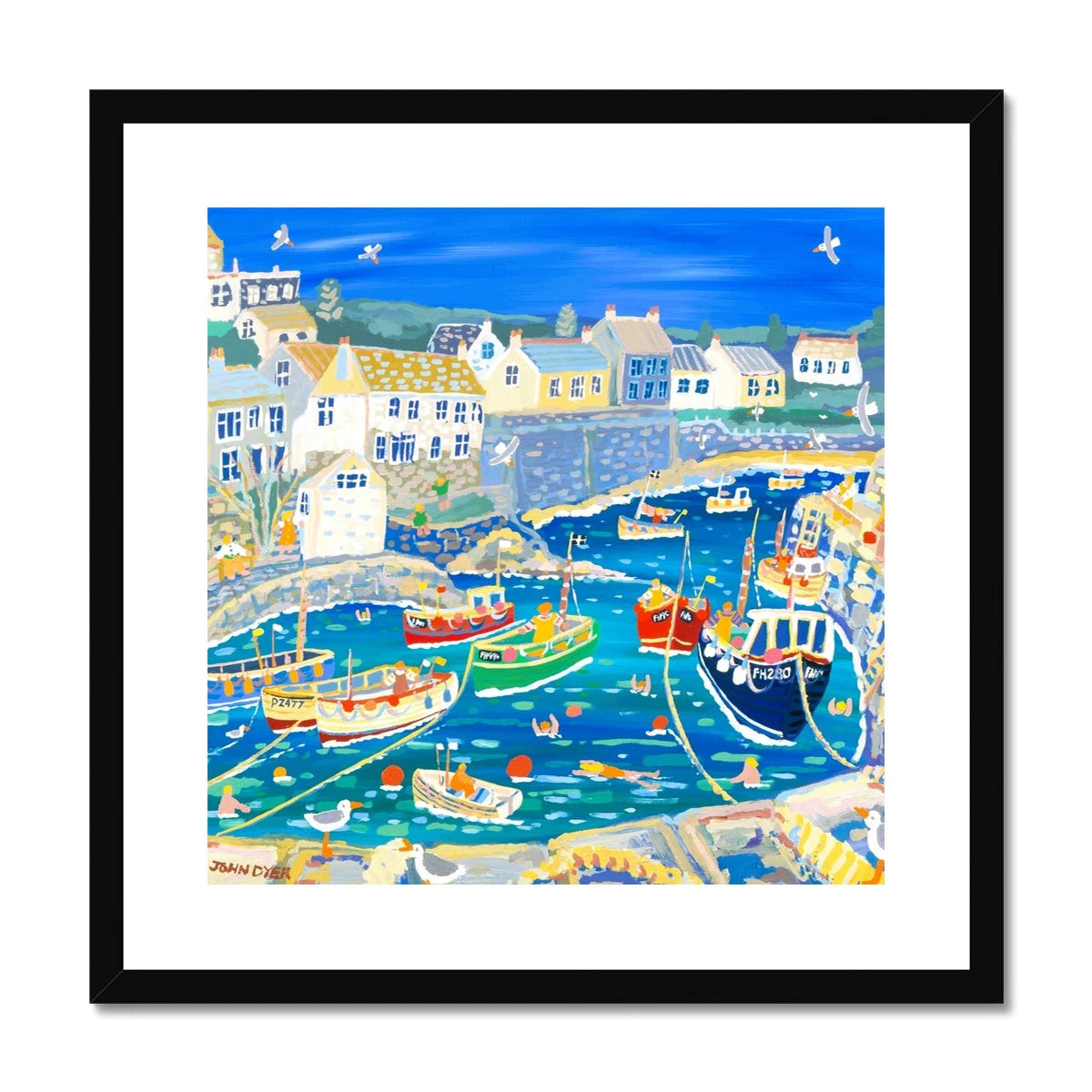 John Dyer Framed Open Edition Coastal Cornish Fine Art Print. 'Unloading the Catch, Coverack Harbour, Cornwall' John Dyer
