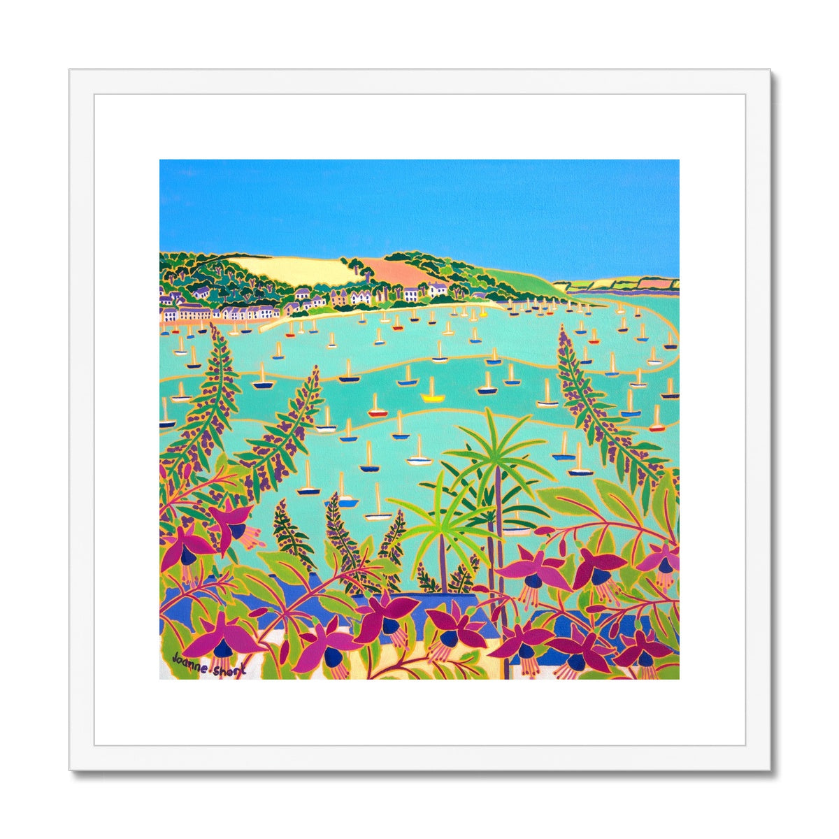 Joanne Short Framed Open Edition Cornish Fine Art Print. 'View through Summer Flowers to Trefusis Point, Falmouth'. Cornwall Art Gallery