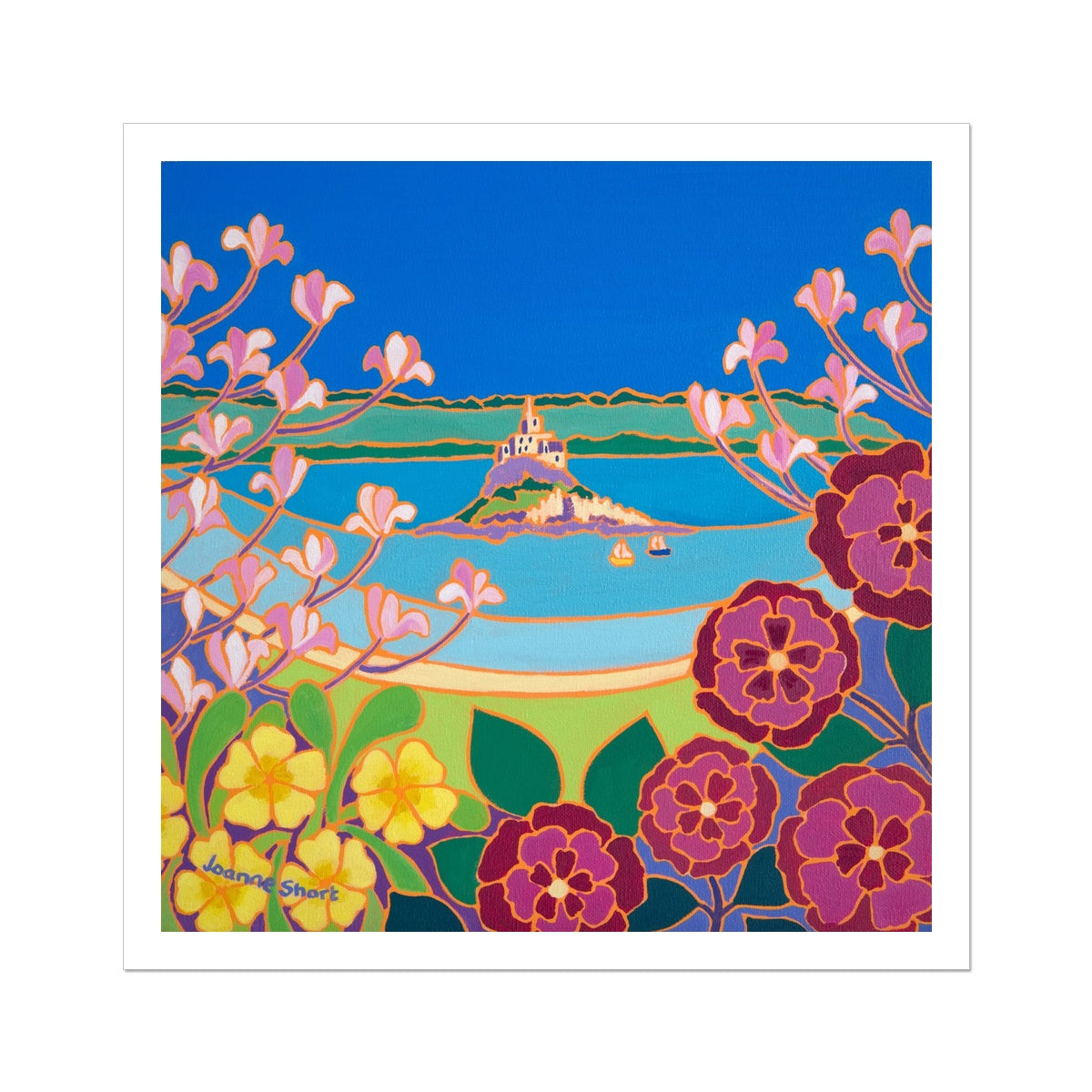 Joanne Short Fine Art Open Edition Cornish Art Print. 'View through the Magnolias, St Michael's Mount'. Cornwall Art Gallery