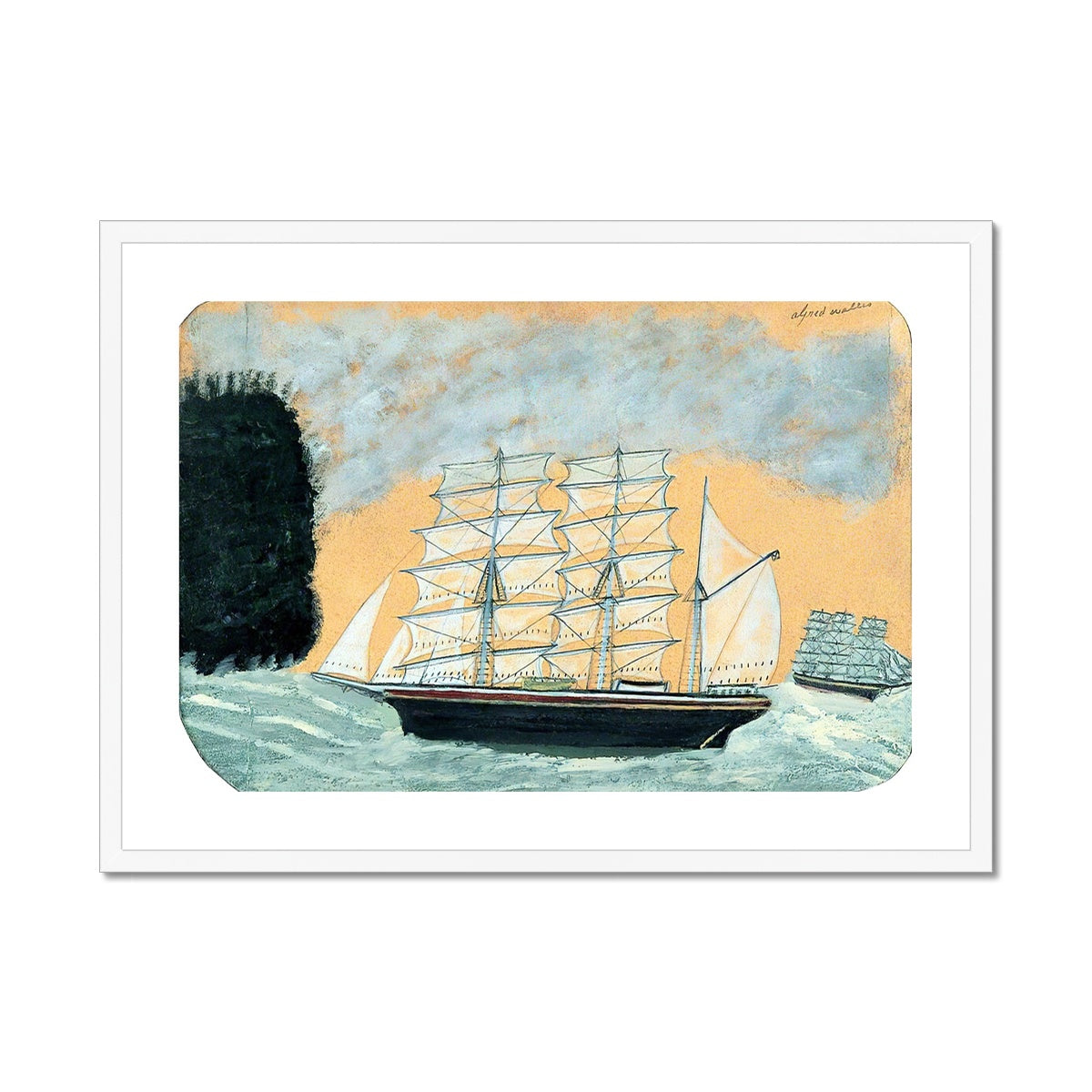 Alfred Wallis Framed Open Edition Cornish Art Print. 'Headland with Two Three-Masters'. Cornwall Art Gallery Historic Art