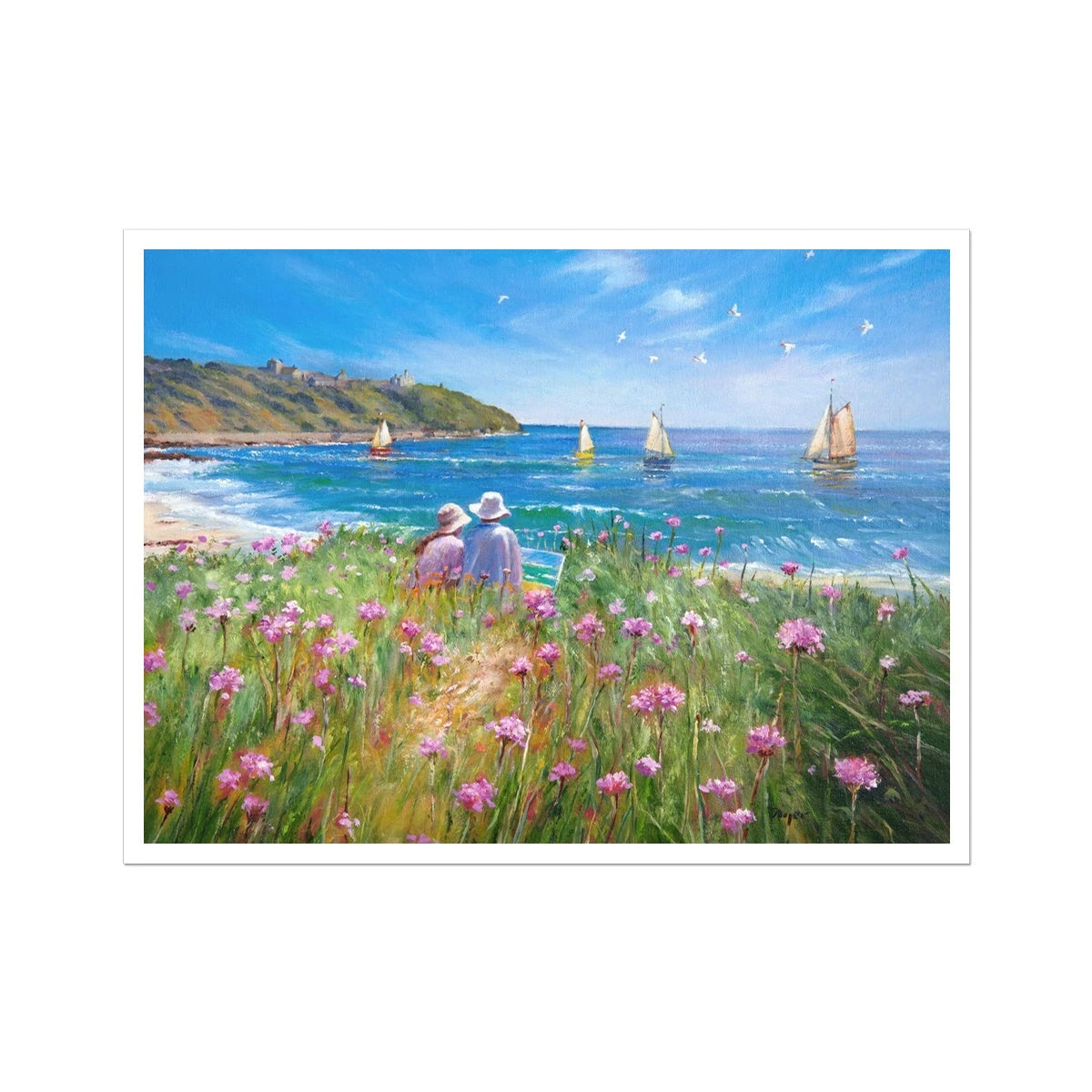 Ted Dyer Fine Art Print. Open Edition Coastal Cornish Art Print. 'Sea Pinks and Painters, Falmouth'. Cornwall Art Gallery Ted Dyer