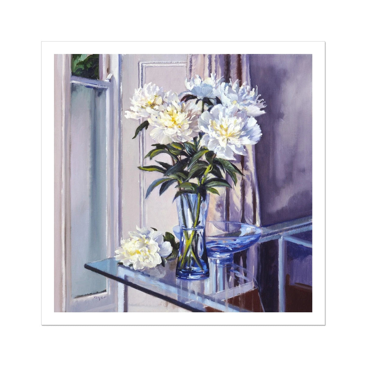 Ted Dyer Still Life Fine Art Print. Open Edition Cornish Art Print. 'White Peonies in a Blue Vase'. Cornwall Art Gallery Ted Dyer