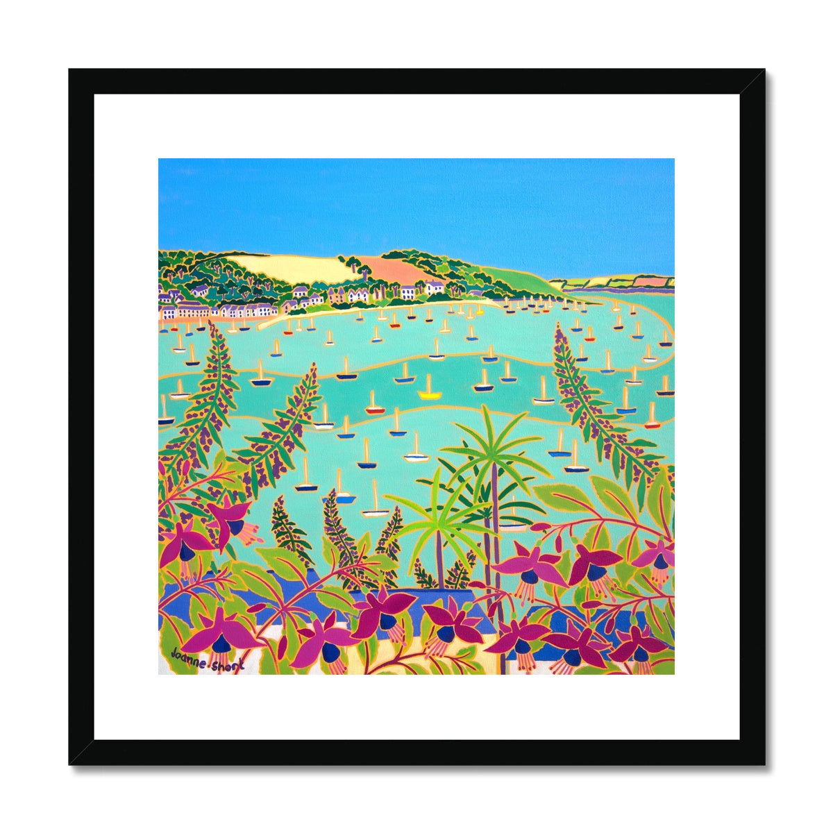 Joanne Short Framed Open Edition Cornish Fine Art Print. 'View through Summer Flowers to Trefusis Point, Falmouth'. Cornwall Art Gallery