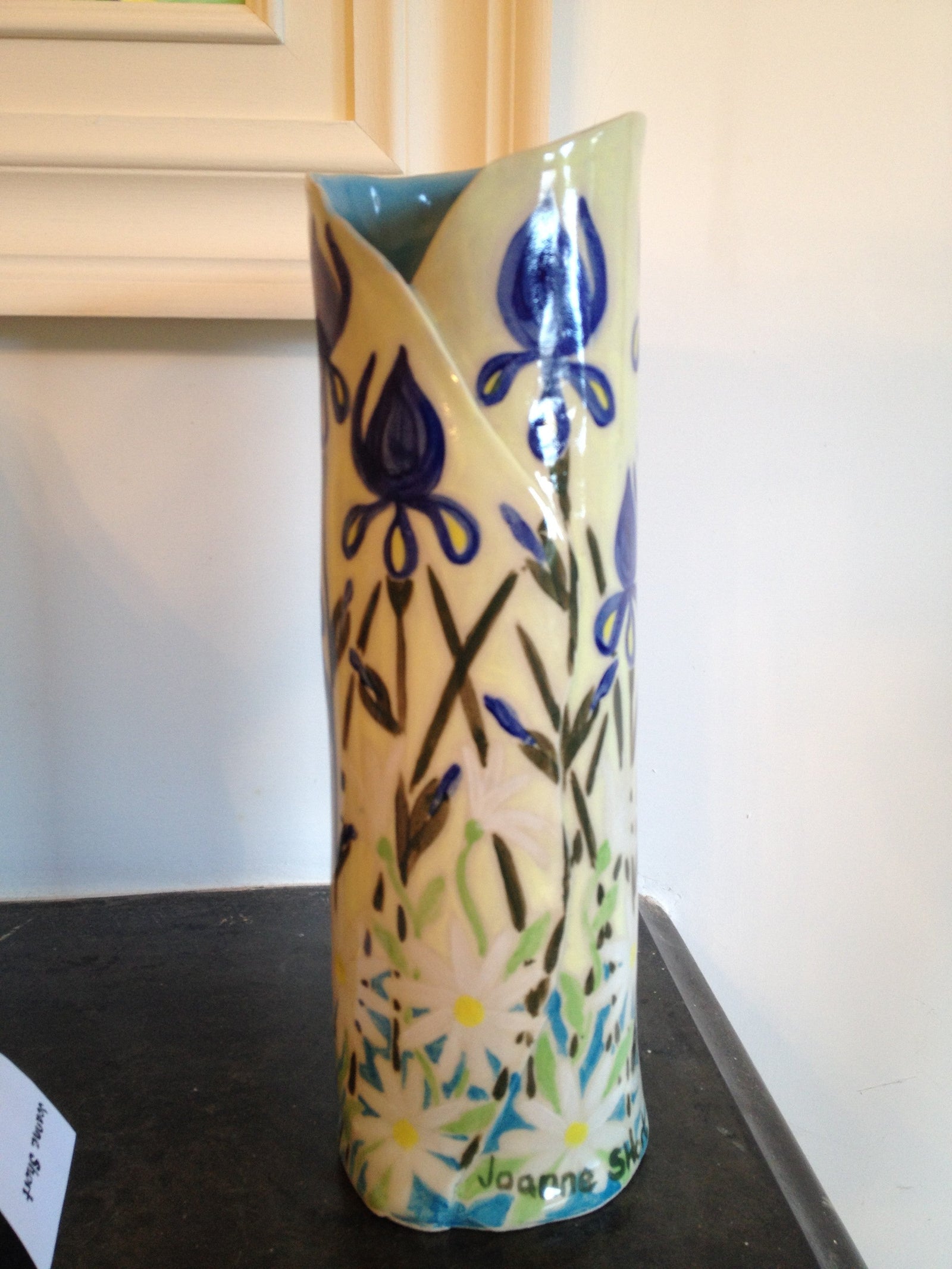 Joanne Short Ceramic Vase. Blue Iris and White Daisies Joanne Short