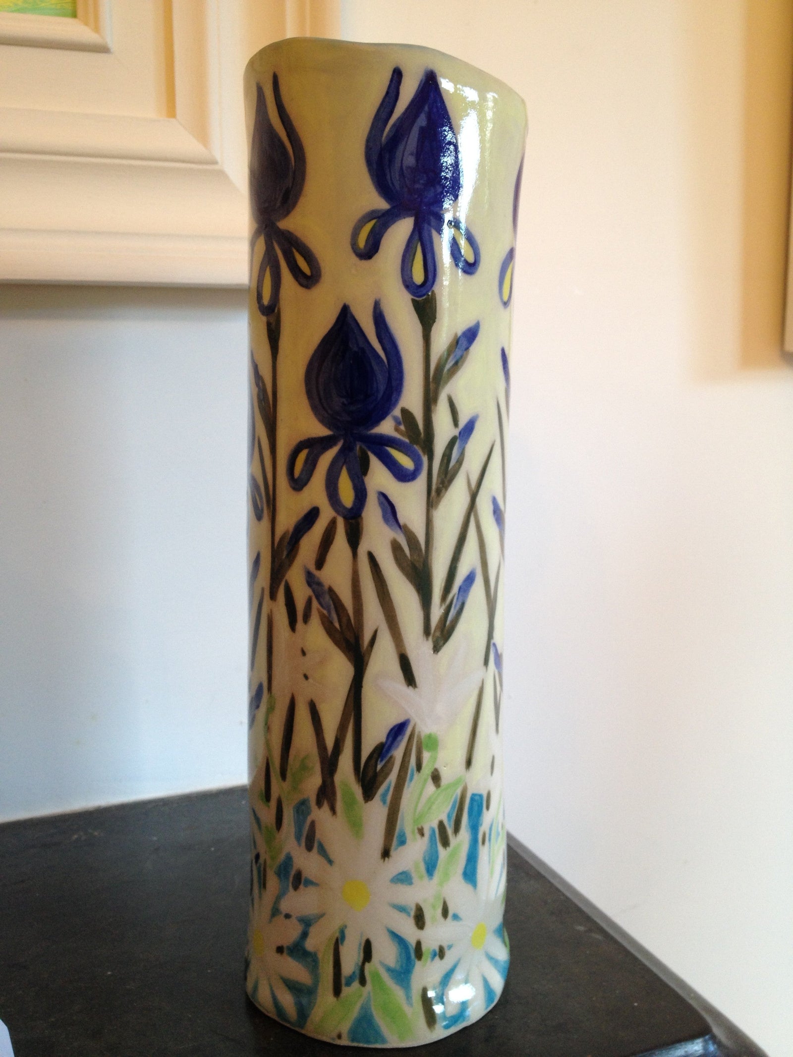 Joanne Short Ceramic Vase. Blue Iris and White Daisies Joanne Short