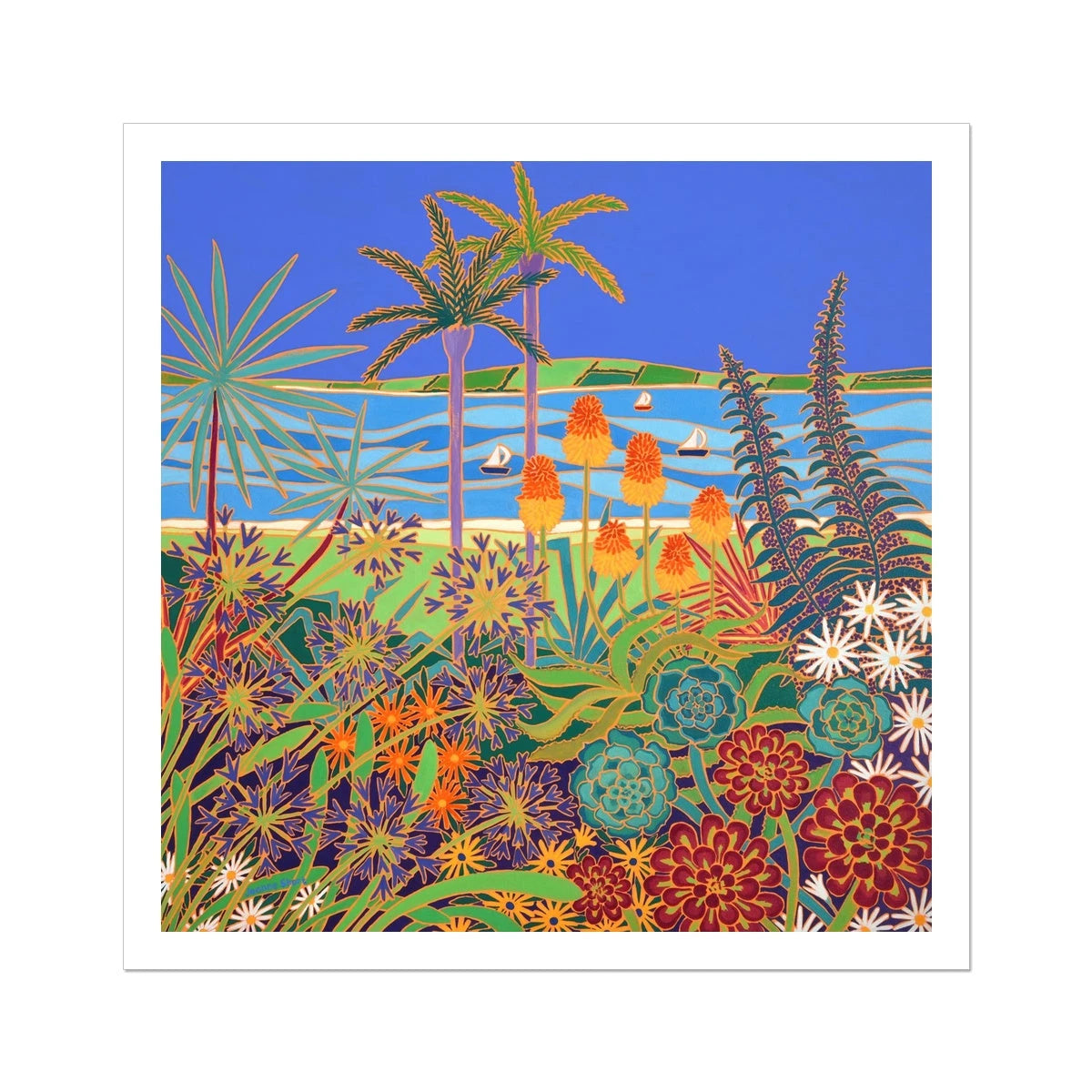 Joanne Short Fine Art Open Edition Coastal Garden Cornish Art Print 'A Garden of Colourful Delights, Tresco'. Cornwall Art Gallery Joanne Short