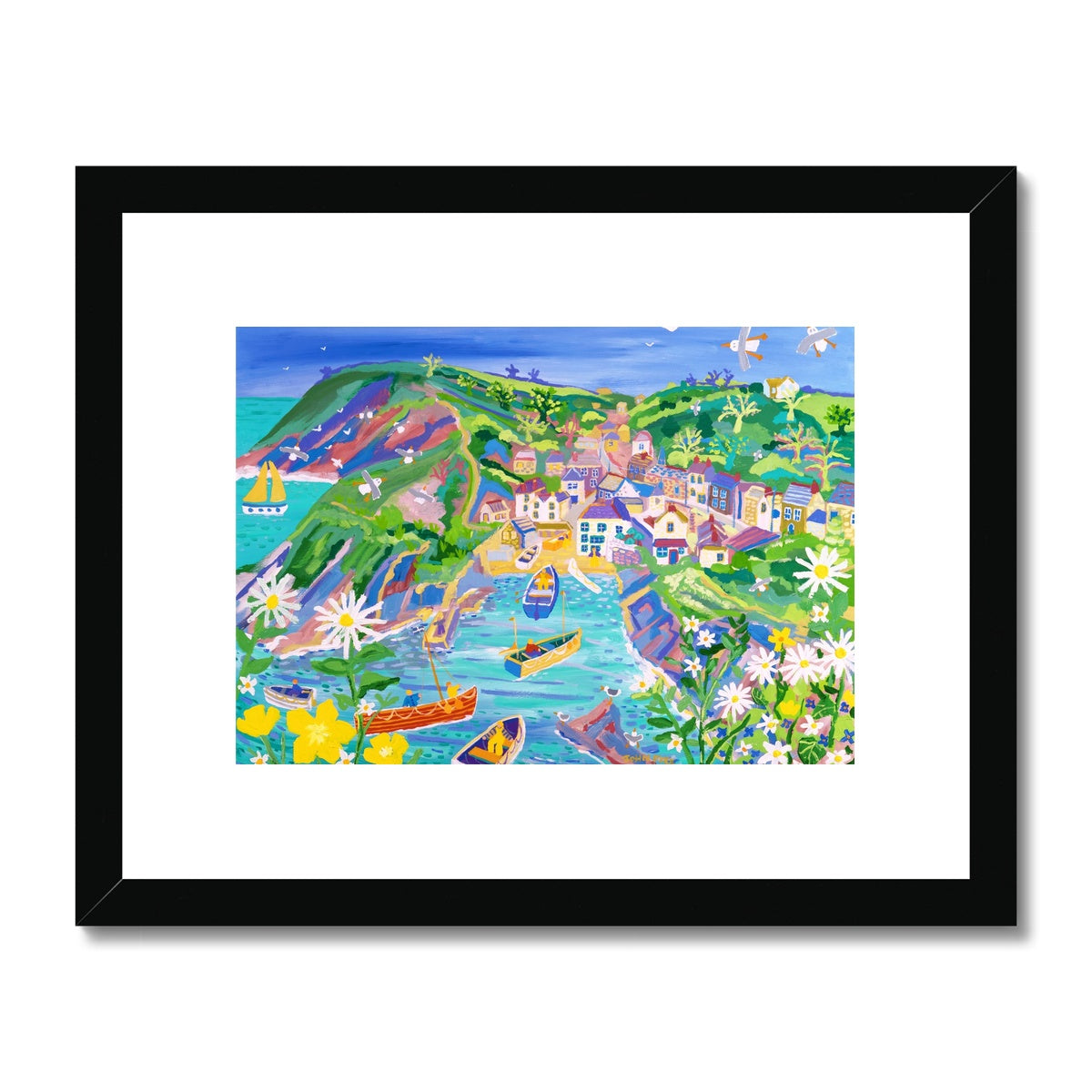 John Dyer Framed Open Edition Cornish Fine Art Print. 'Moon Daisies and Fishermen, Port Loe'. Cornwall Art Gallery