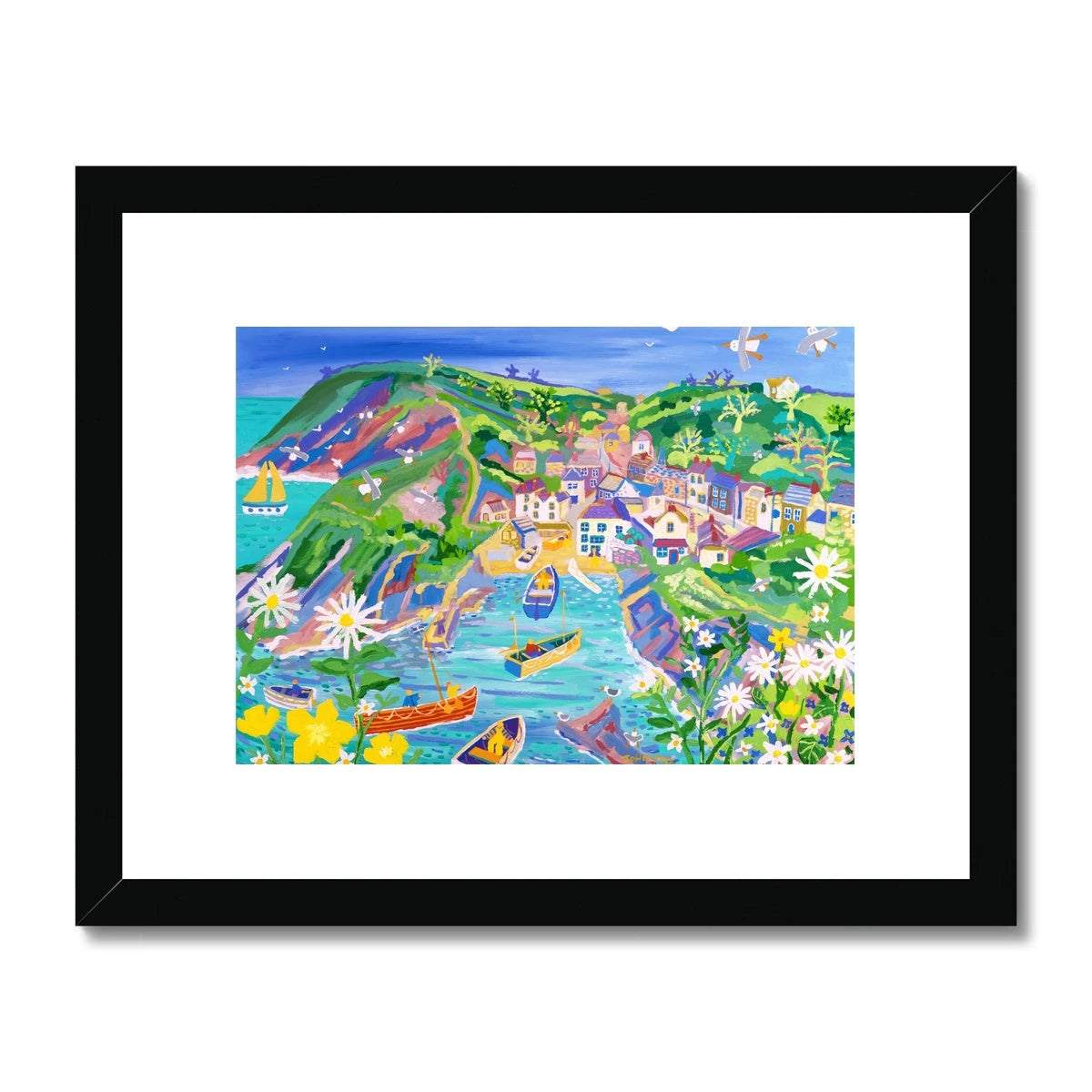John Dyer Framed Open Edition Cornish Fine Art Print. 'Moon Daisies and Fishermen, Port Loe'. Cornwall Art Gallery John Dyer