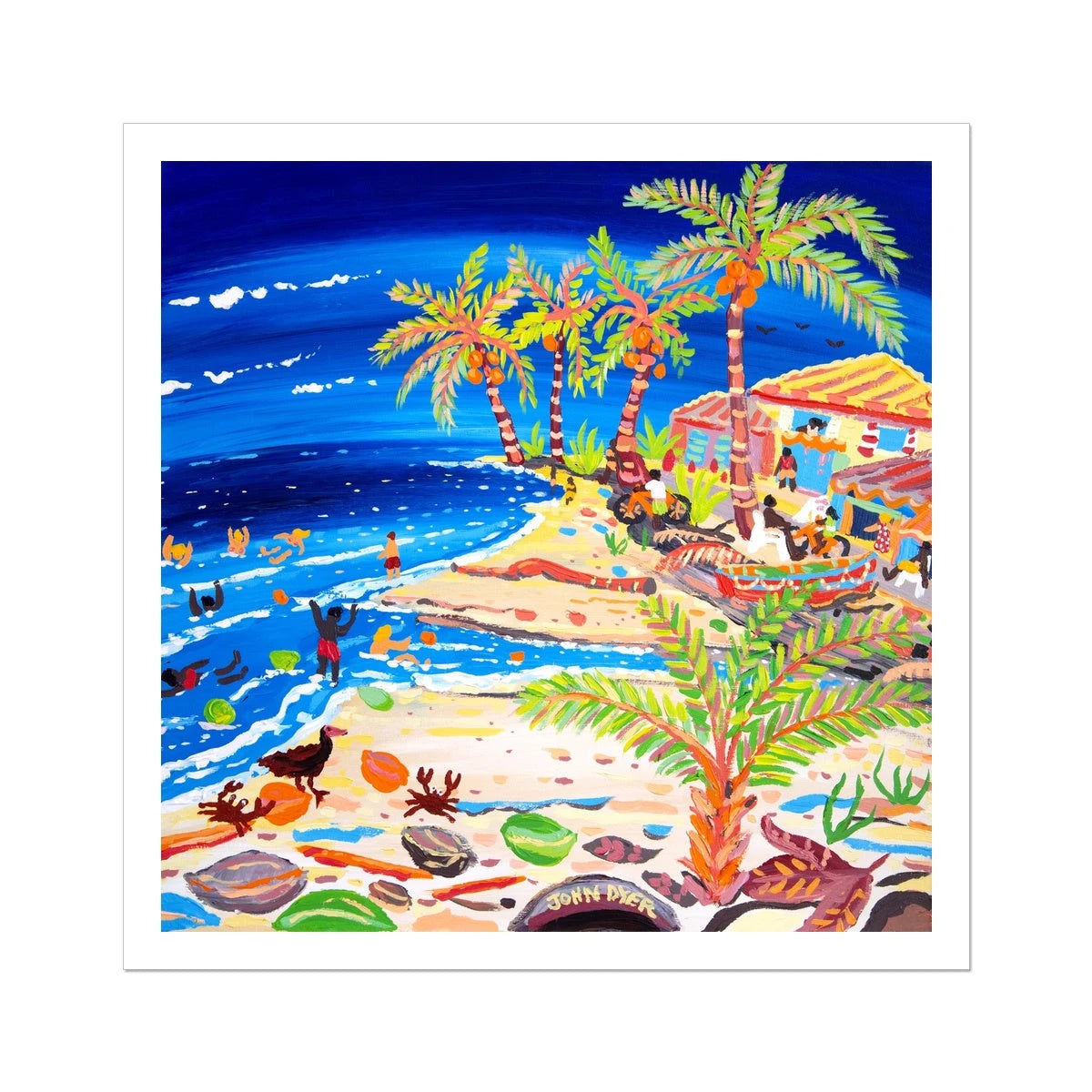John Dyer Fine Art Print. Open Edition Cornish Art Print. 'Blue Seas and Coconut Trees, Costa Rica Beach'. Caribbean Art Gallery John Dyer