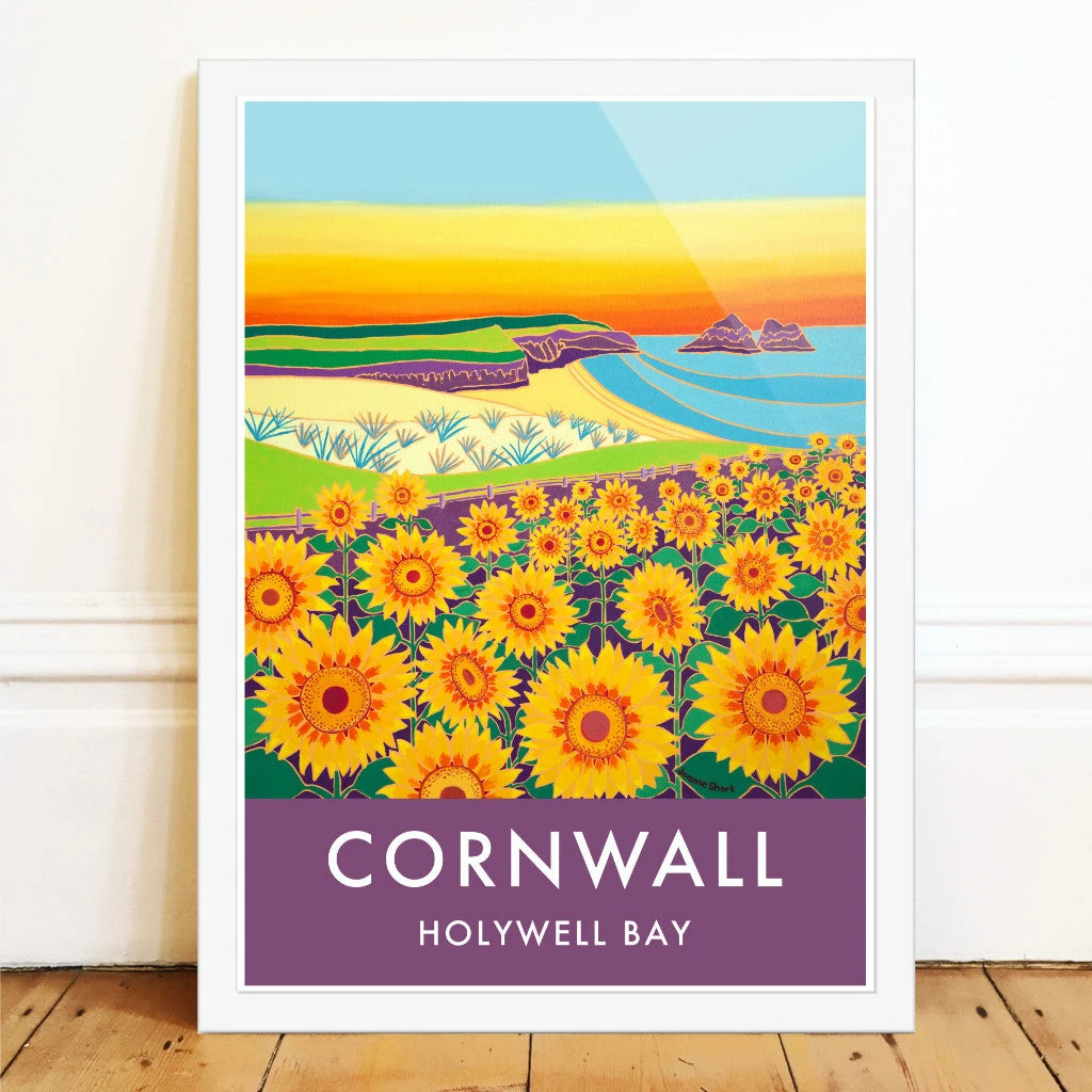 Holywell Bay Beach Sunflowers Sunset. Art Prints of Cornwall by Cornish Artist Joanne Short. Vintage Style Poster Print Art for Homes from our Cornwall Art Gallery Joanne Short