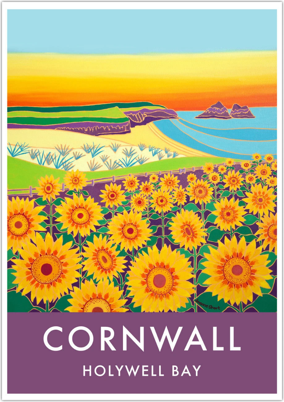 Holywell Bay Beach Sunflowers Sunset. Art Prints of Cornwall by Cornish Artist Joanne Short. Vintage Style Poster Print Art for Homes from our Cornwall Art Gallery Joanne Short