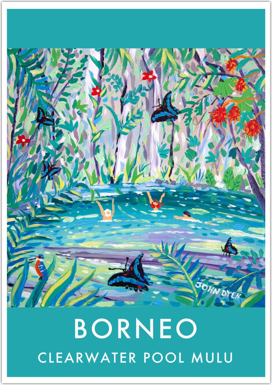 Vintage Style Travel Poster by John Dyer. Clearwater Pool, Mulu, Borneo. Animal Art Prints John Dyer