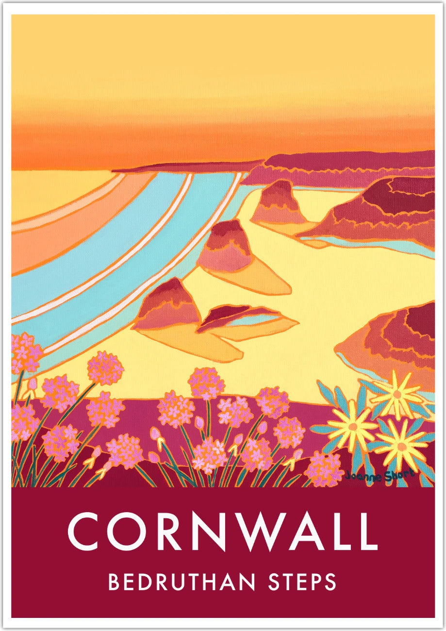 Bedruthan Steps, Carnewas Art Prints of Cornwall by Cornish Artist Joanne Short. Vintage Style Poster Print Art for Homes. Cornwall Art Gallery Joanne Short