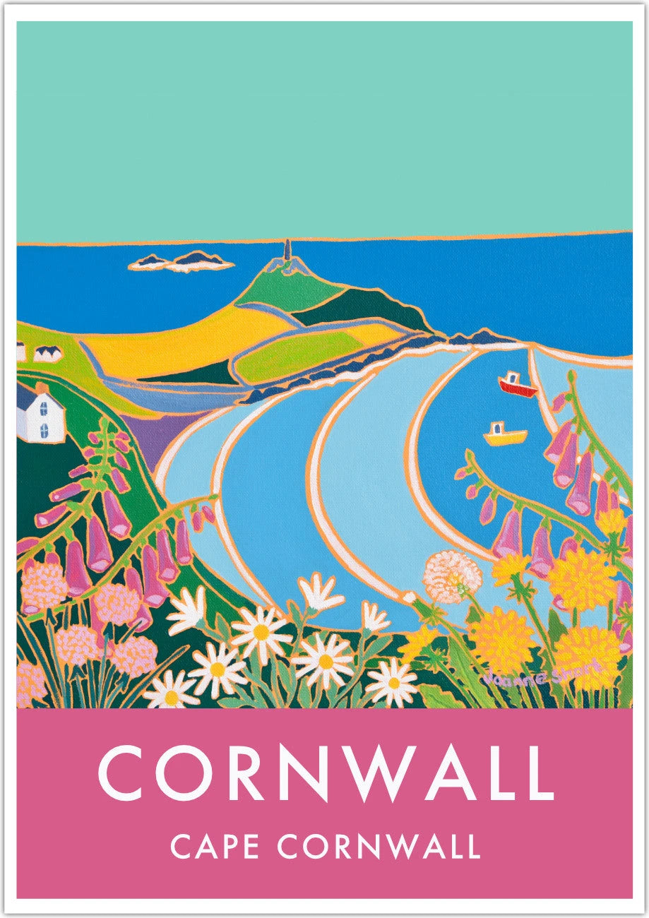 Cape Cornwall Art Prints of Cornwall by Cornish Artist Joanne Short. Vintage Style Poster Print Art for Homes. Cornwall Art Gallery Joanne Short