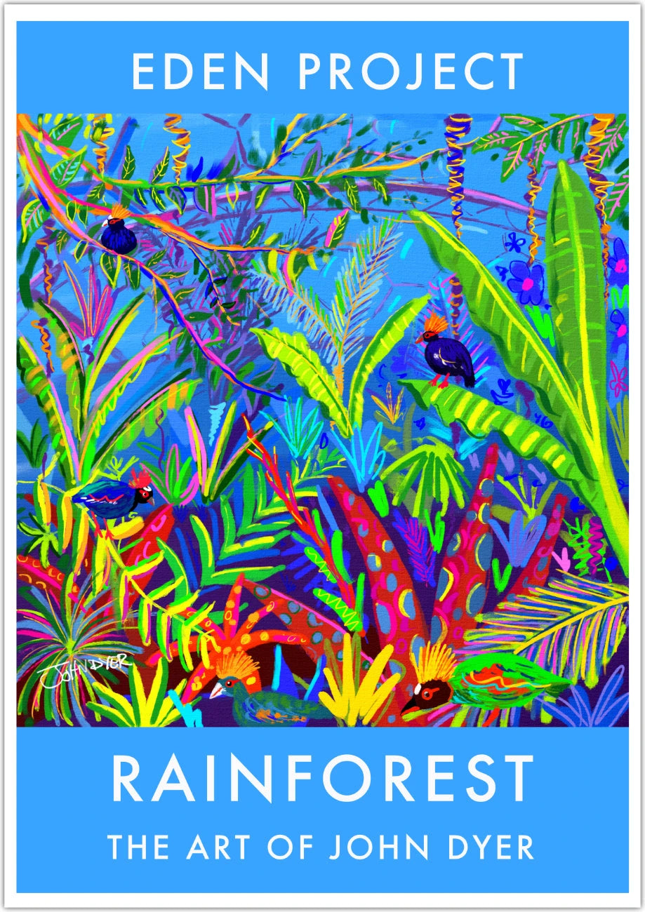 Vintage Style Rainforest Travel Poster Art Print by John Dyer. Roul Roul Birds, Rainforest Biome, Eden Project Garden. Animal Art Prints John Dyer