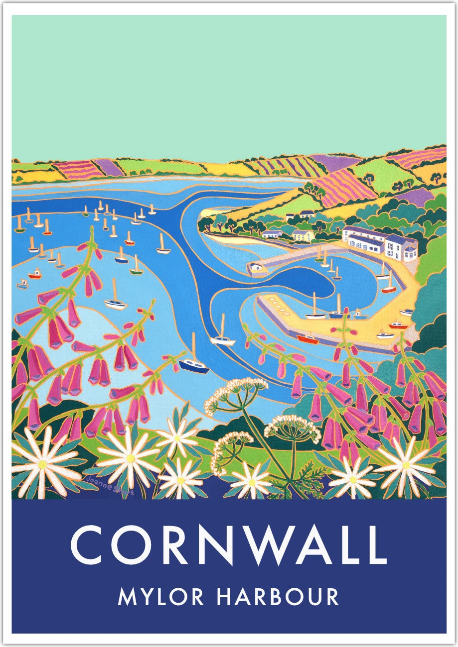 Mylor Harbour Art Prints of Cornwall by Cornish Artist Joanne Short. Cornwall Art Gallery, Vintage Style Poster Art for Homes Joanne Short