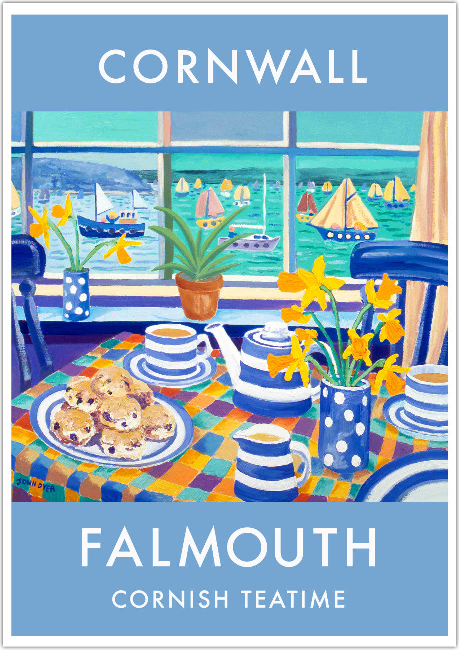 Vintage style wall art travel poster print of a Cornish Cream Tea in Falmouth, Cornwall by artist John Dyer. The table is set with scones and cups of tea in Cornish Blue TG Green cups and saucers. Yellow daffodils can be seen in a spotted blue vase and on the windowsill. Beyond we can see sailing boats and sea through the window looking out to the Carrick Roads and the River Fal. Available unframed, or framed and ready to hang on your wall.