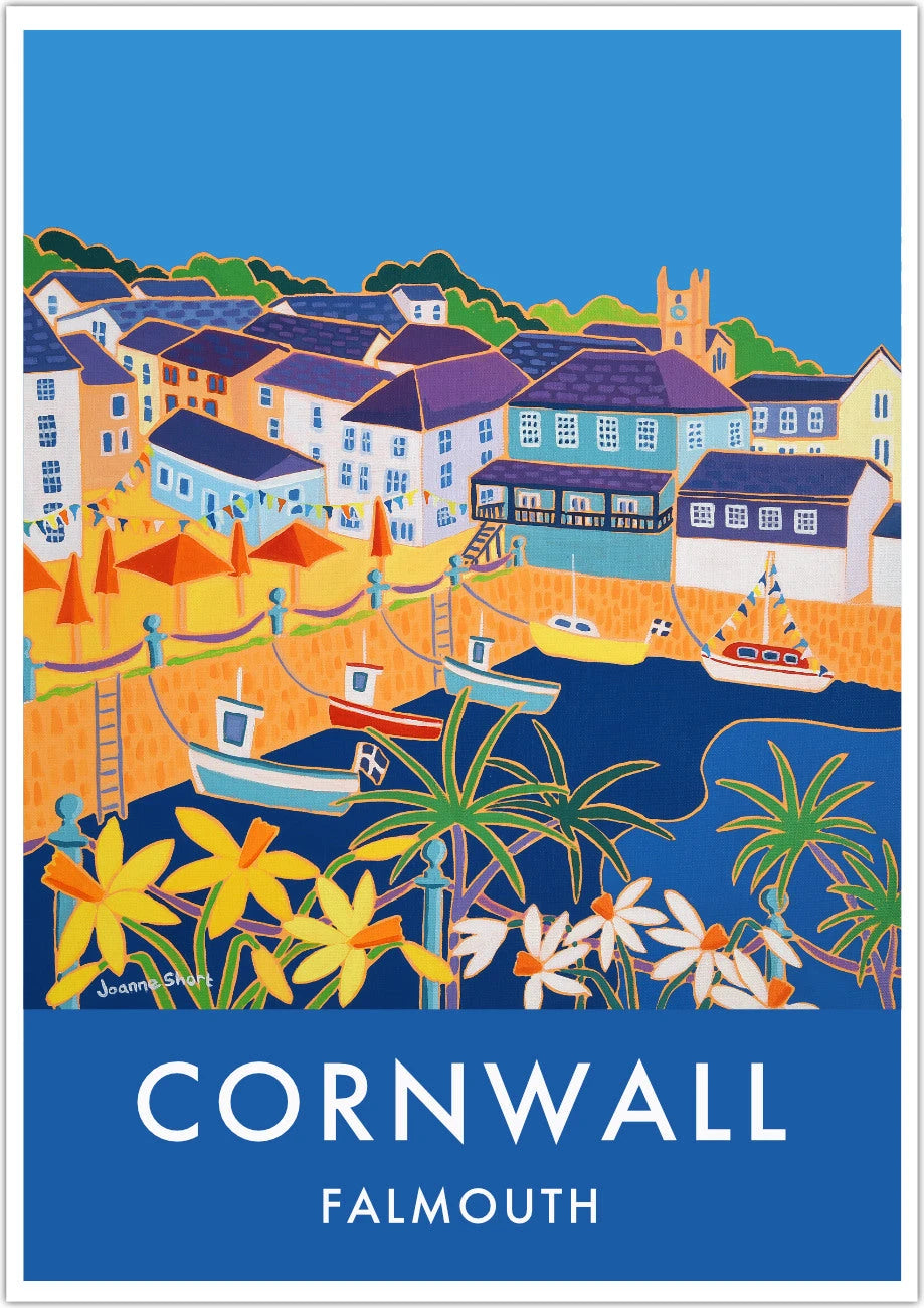 Falmouth, Customs House Quay Art Prints of Cornwall by Cornish Artist Joanne Short. Cornwall Art Gallery, Vintage Style Posters. Joanne Short