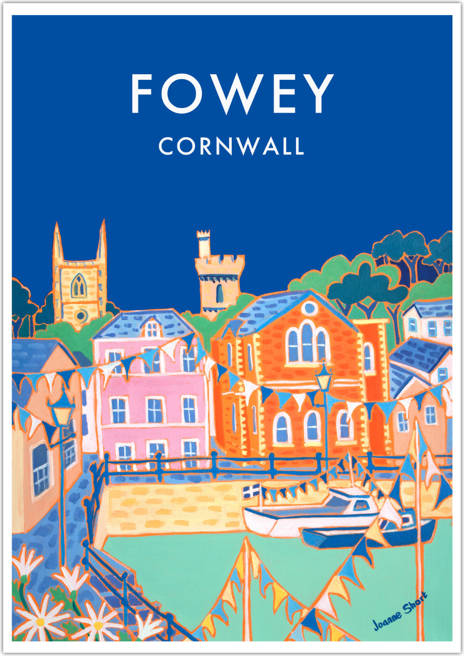 Cornwall wall art poster print of Fowey by Cornish artist Joanne Short. This is a wonderful example of Cornish contemporary painting combined with classic 1930s style type to create a very special vintage style art travel poster of Fowey in Cornwall. A painting by acclaimed colourist painter Joanne Short is the main image on the poster print. A deep blue sky creates a dramatic backdrop to the colourful buildings, fishing boats and bunting of Fowey.