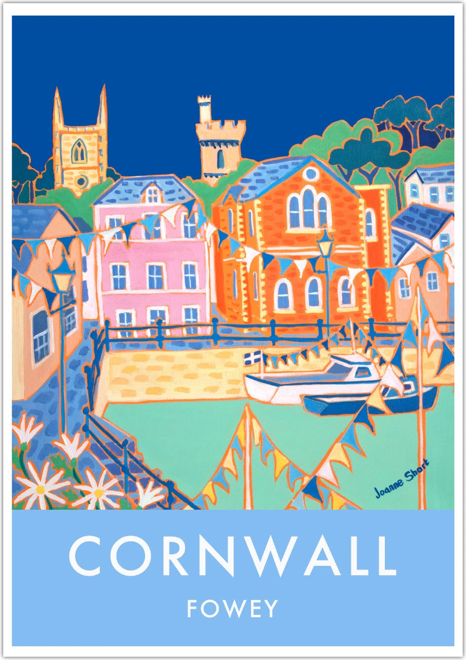 Fowey Art Prints of Cornwall by Cornish Artist Joanne Short. Vintage Style Poster Print Art for Homes. Cornwall Art Gallery Joanne Short