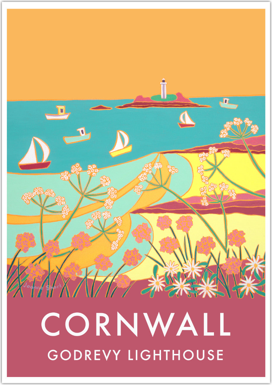 Godrevy Lighthouse, Gwithian. Art Prints of Cornwall by Cornish Artist Joanne Short. Cornwall Art Gallery, Vintage Style Posters.