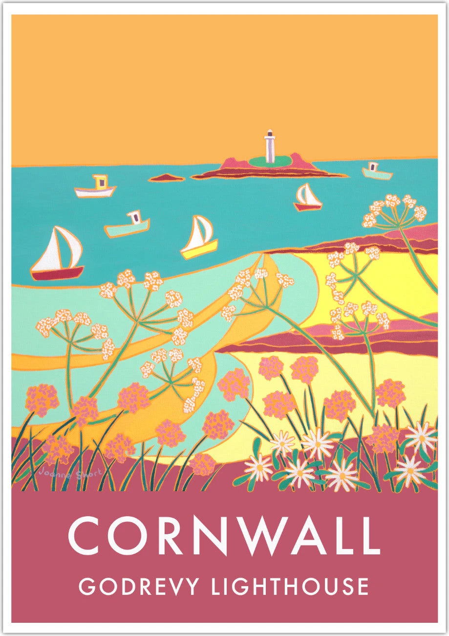 Godrevy Lighthouse, Gwithian Beach Sunset. Art Prints of Cornwall by Cornish Artist Joanne Short. Cornwall Art Gallery, Vintage Style Posters. Joanne Short