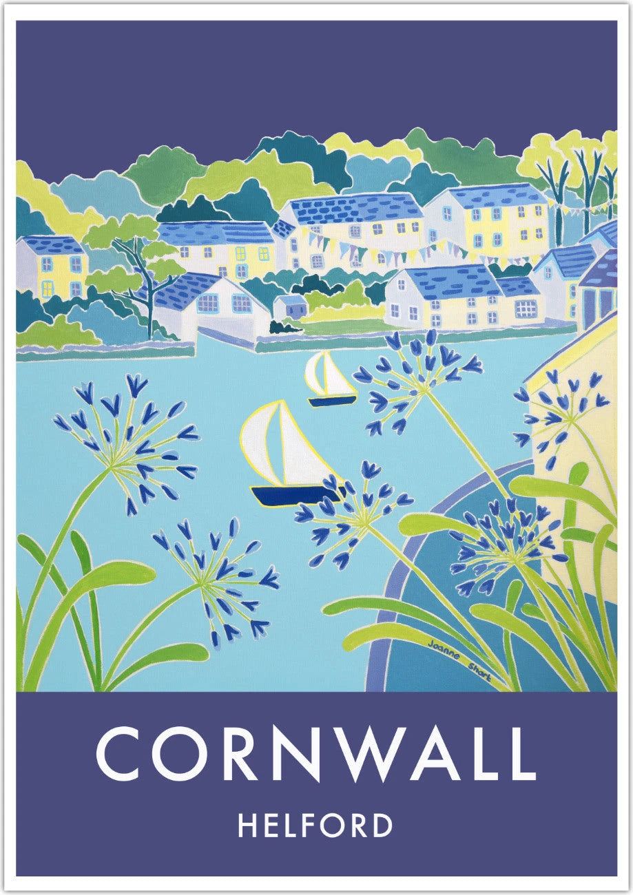 Helford Village Art Prints of Cornwall by Cornish Artist Joanne Short. Vintage Style Poster Print Art for Homes. Cornwall Art Gallery Joanne Short