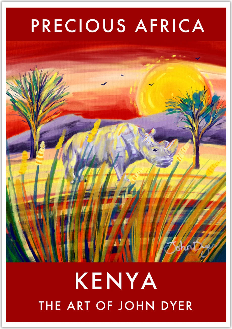 African Art Wall Art Poster Print by John Dyer. Northern White Rhino Sunset in Kenya. Animal Art Prints John Dyer