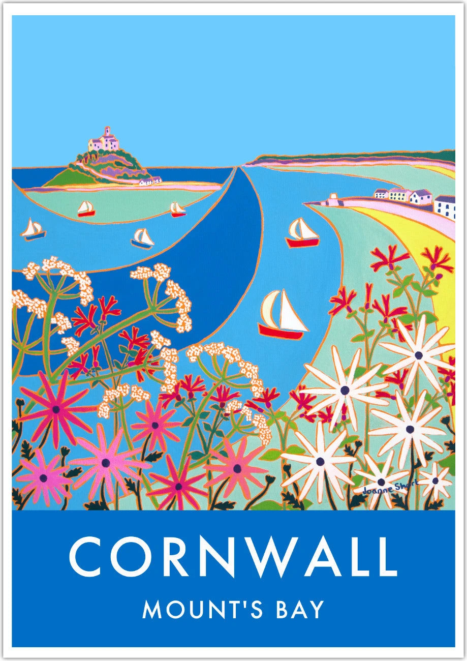 Mount's Bay & St Michael's Mount Art Prints of Cornwall by Cornish Artist Joanne Short. Vintage Style Poster Print Art for Homes. Cornwall Art Gallery Joanne Short