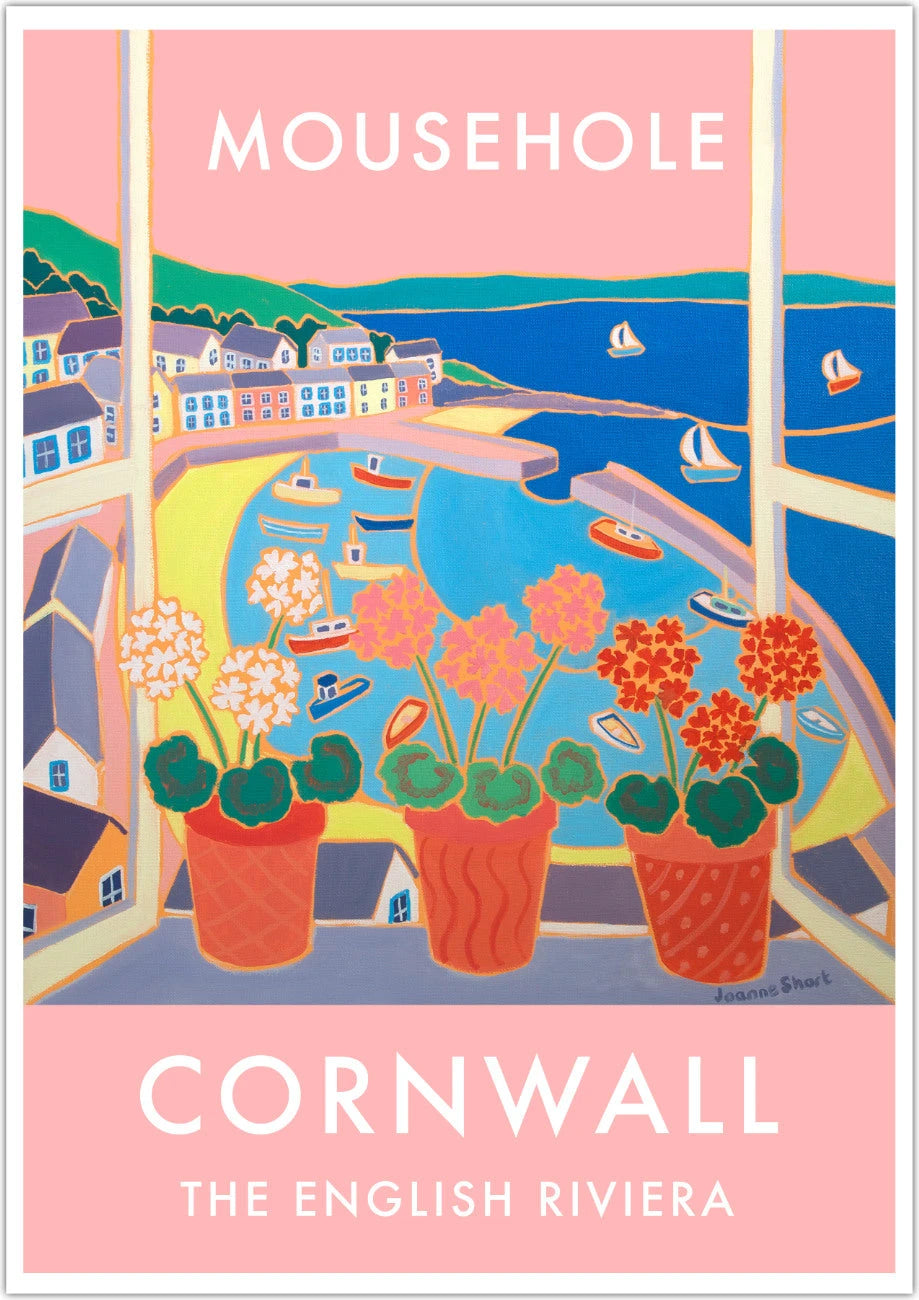 Mousehole Harbour Art Prints of Cornwall by Cornish Artist Joanne Short. Vintage Style Poster Print. Cornwall Art Gallery Joanne Short