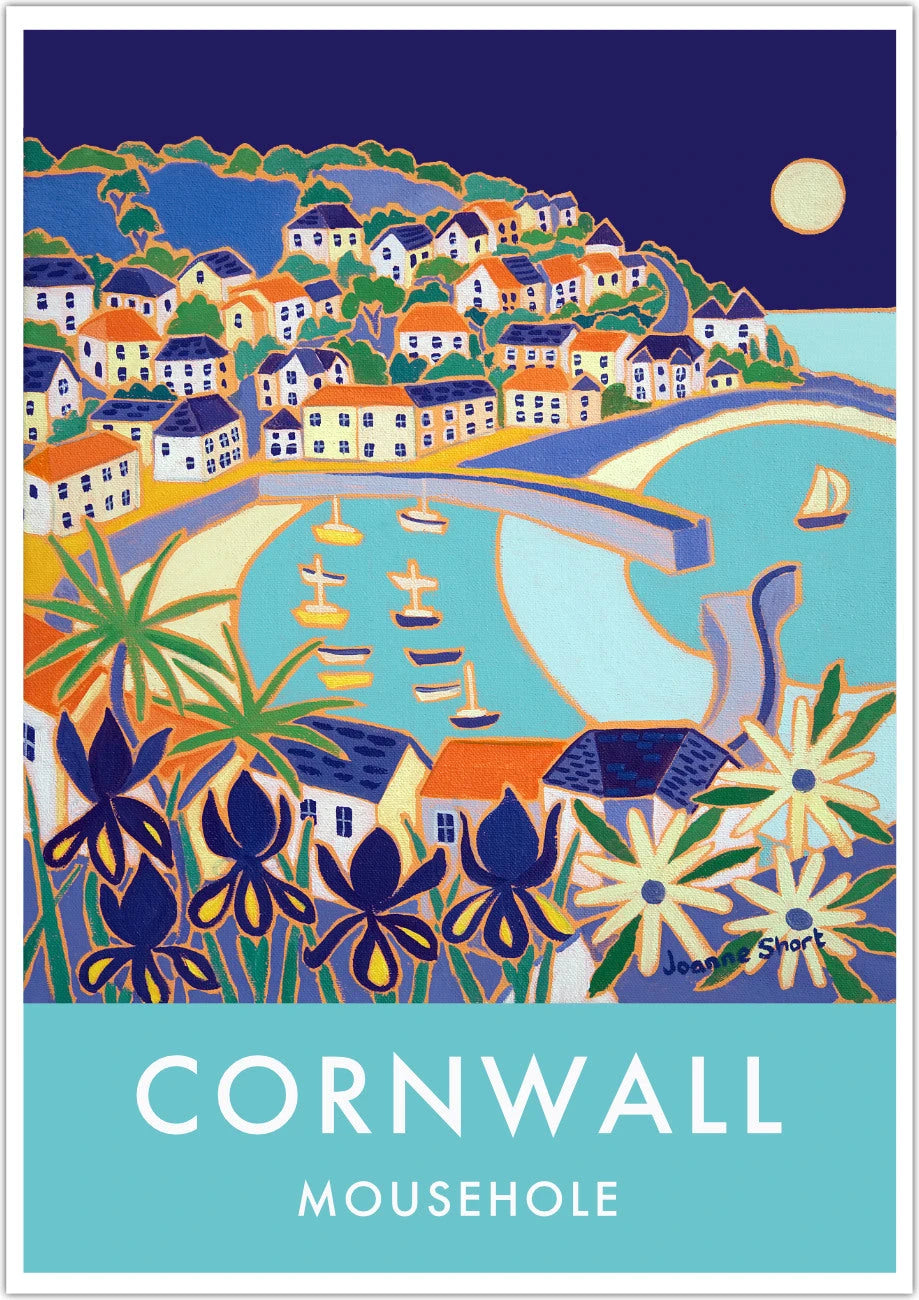 Mousehole Harbour Art Prints of Cornwall by Cornish Artist Joanne Short. Vintage Style Poster Print Art for Homes. Cornwall Art Gallery Joanne Short
