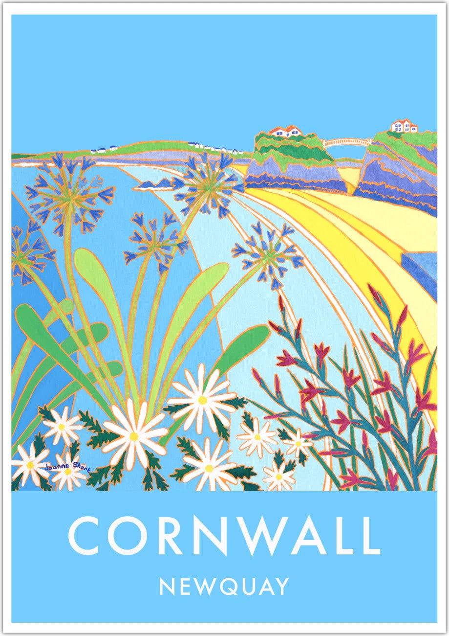 Vintage Style Seaside Travel Poster by Cornish Artist Joanne Short of Towan Beach, Newquay in Cornwall Joanne Short