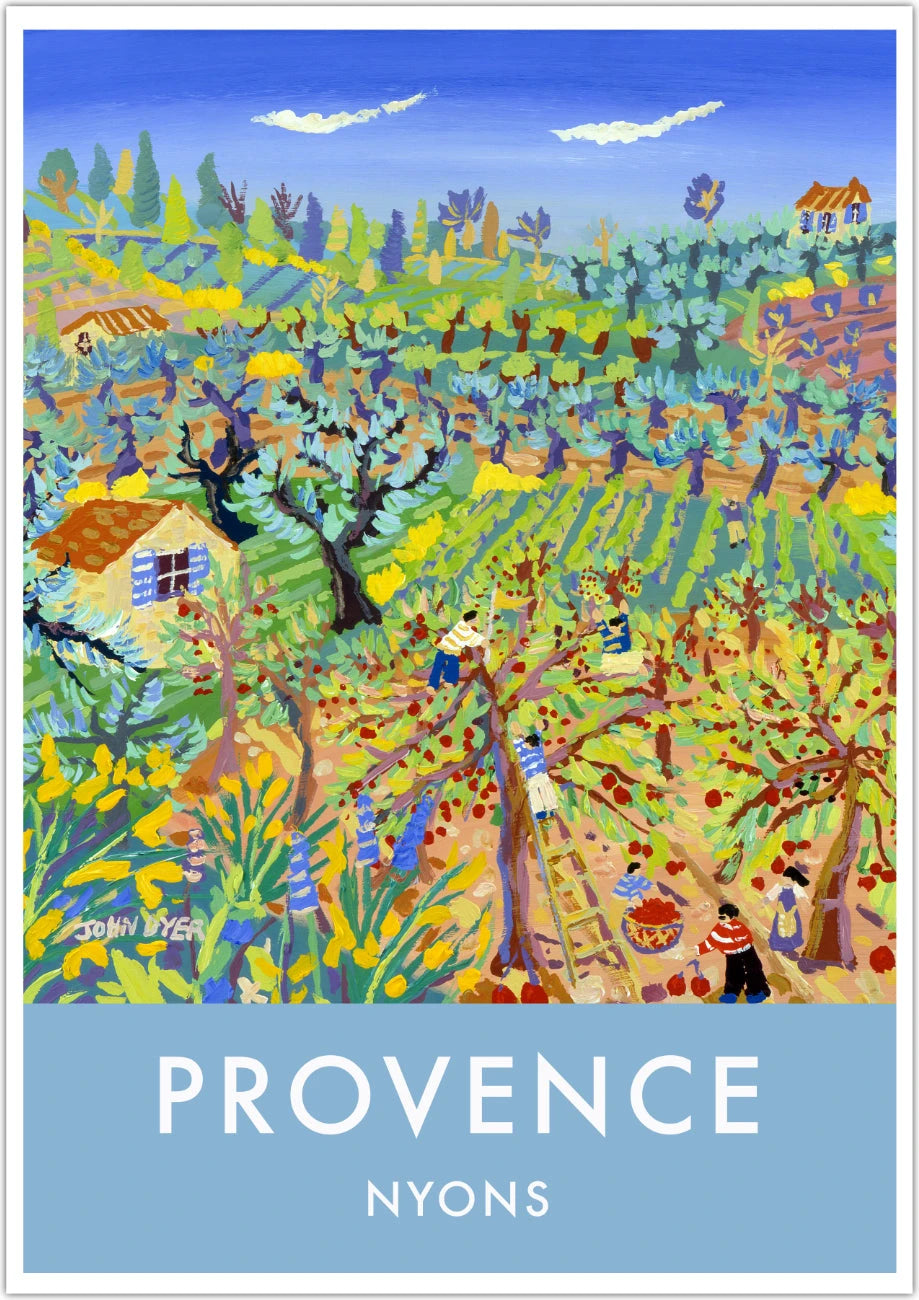 Cherry Pickers, Nyons, Provence, France. Vintage Style Travel Poster by John Dyer. French Art Gallery John Dyer