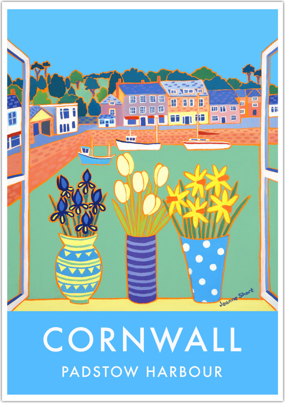 Padstow Harbour Art Print by Cornish Artist Joanne Short. Cornwall Art Gallery, Vintage Style Poster Prints of Cornwall.