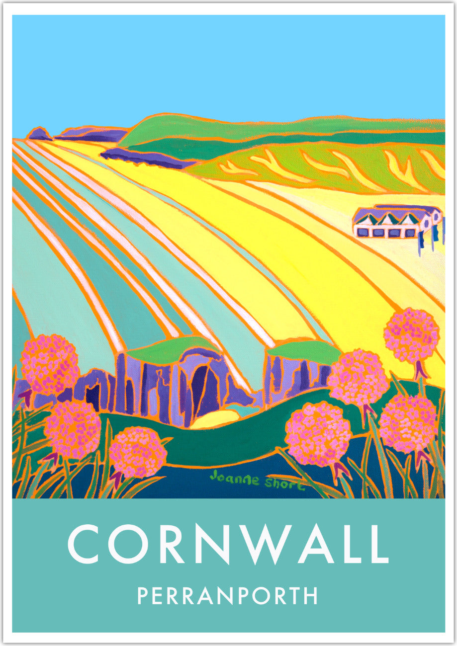 Perranporth Beach. Art Prints of Cornwall by Cornish Artist Joanne Short. Cornwall Art Gallery, Vintage Style Poster Art for Homes