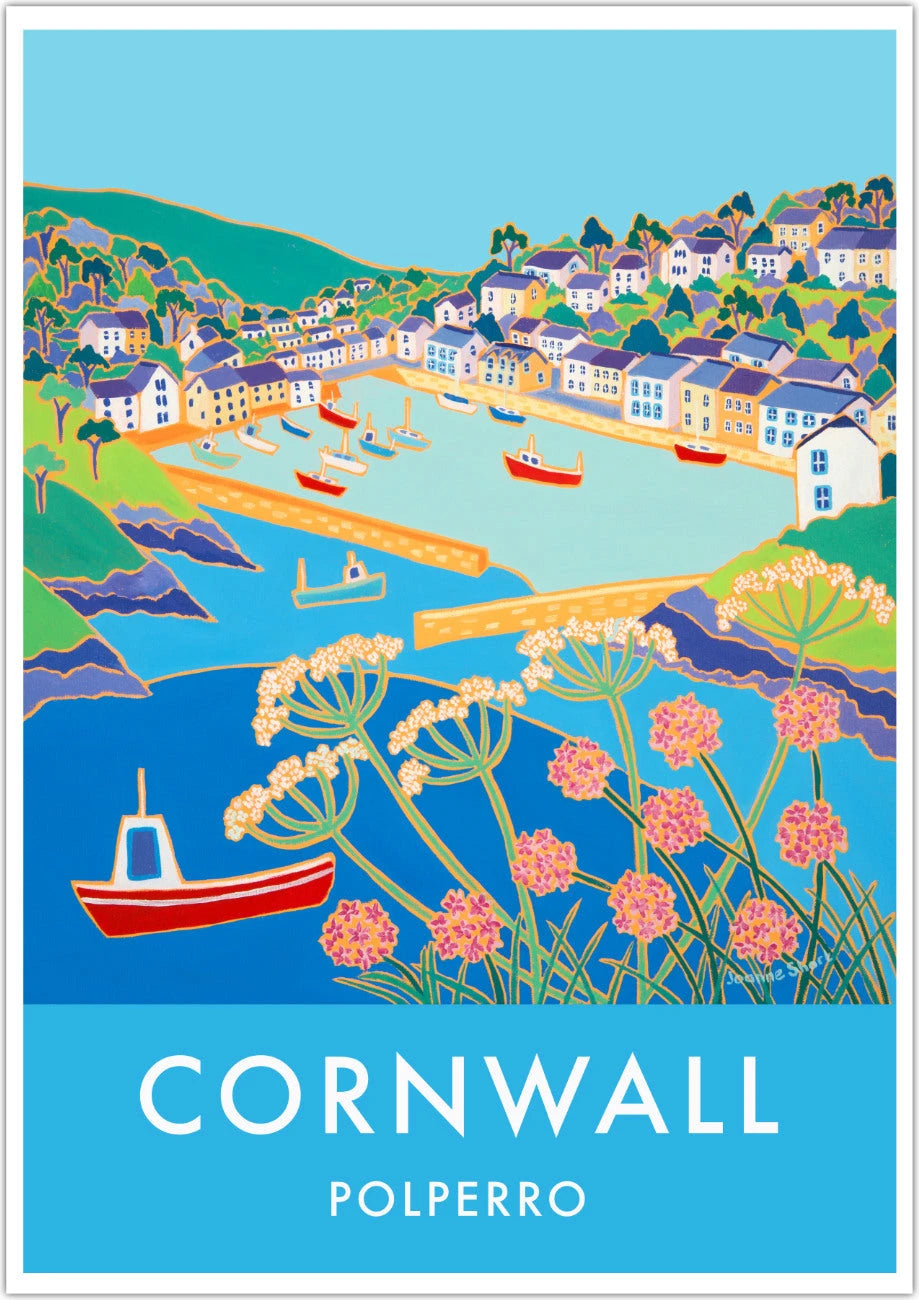 Polperro Art Prints of Cornwall by Cornish Artist Joanne Short. Vintage Style Poster Print Art for Homes. Cornwall Art Gallery Joanne Short