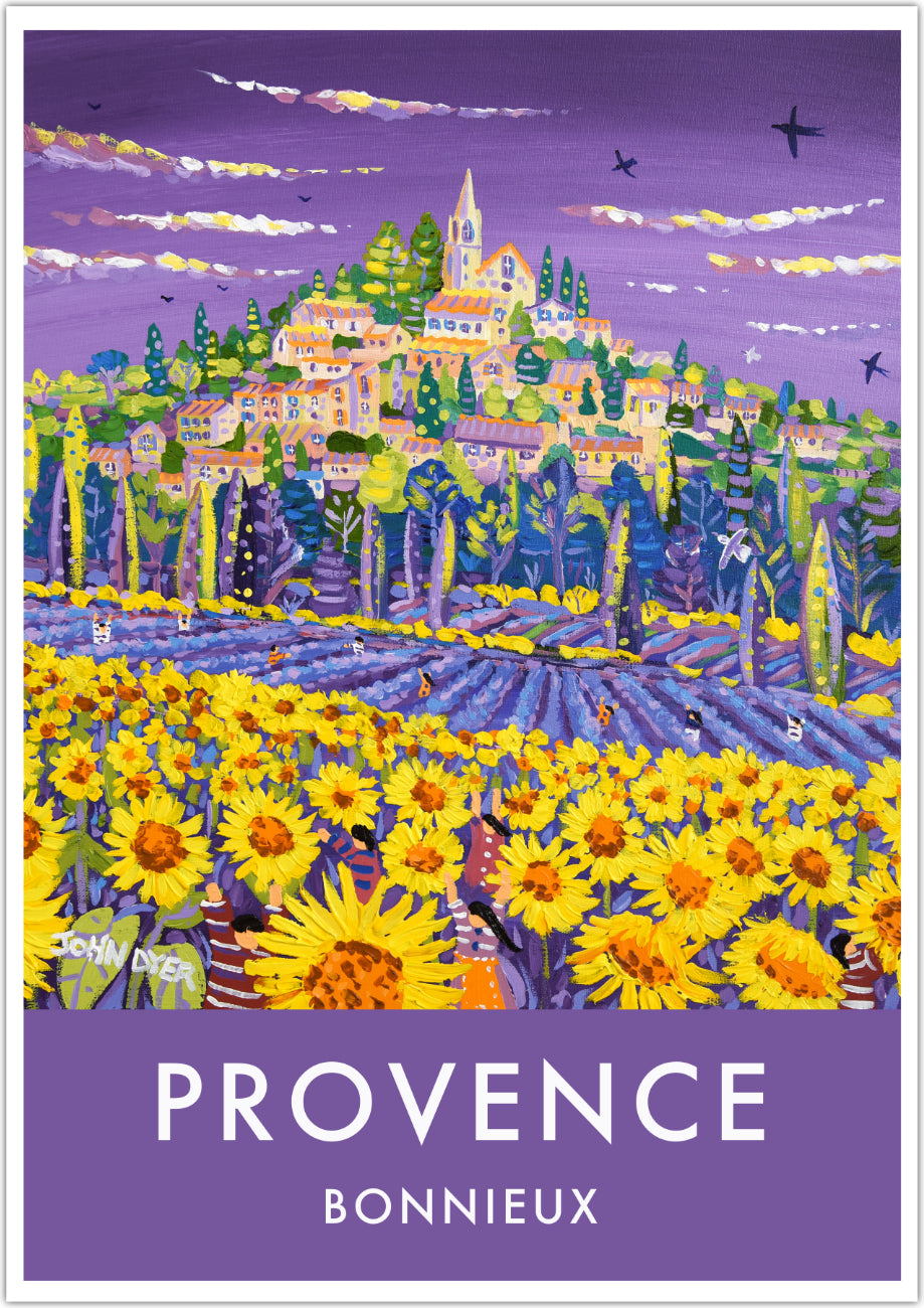 Bonnieux, Sunflowers and Lavender, Provence, France. Vintage Style Travel French Wall Art Poster Print by John Dyer.
