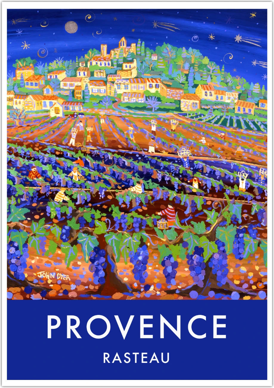 French Wall Art Poster Print of the Rasteau Grape Harvest in Provence by artist John Dyer. French Art Gallery John Dyer
