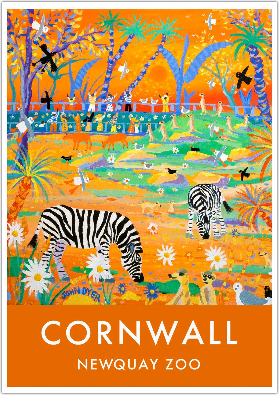 Vintage Style Travel Poster Art Print by Cornish Artist John Dyer of Newquay Zoo Sunset Safari Zebras. Animal Art Prints John Dyer